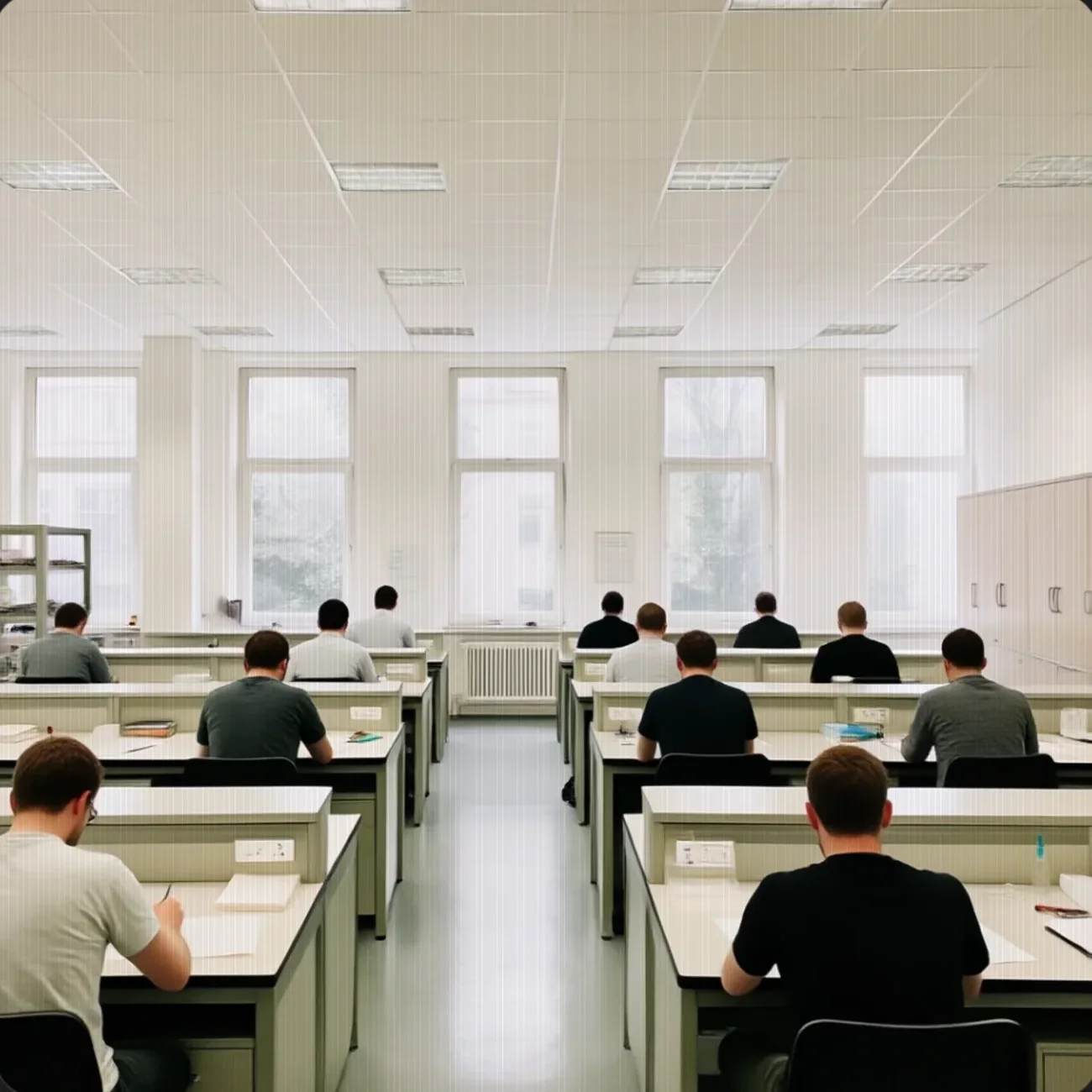 A calm research lab interior with people working quietly