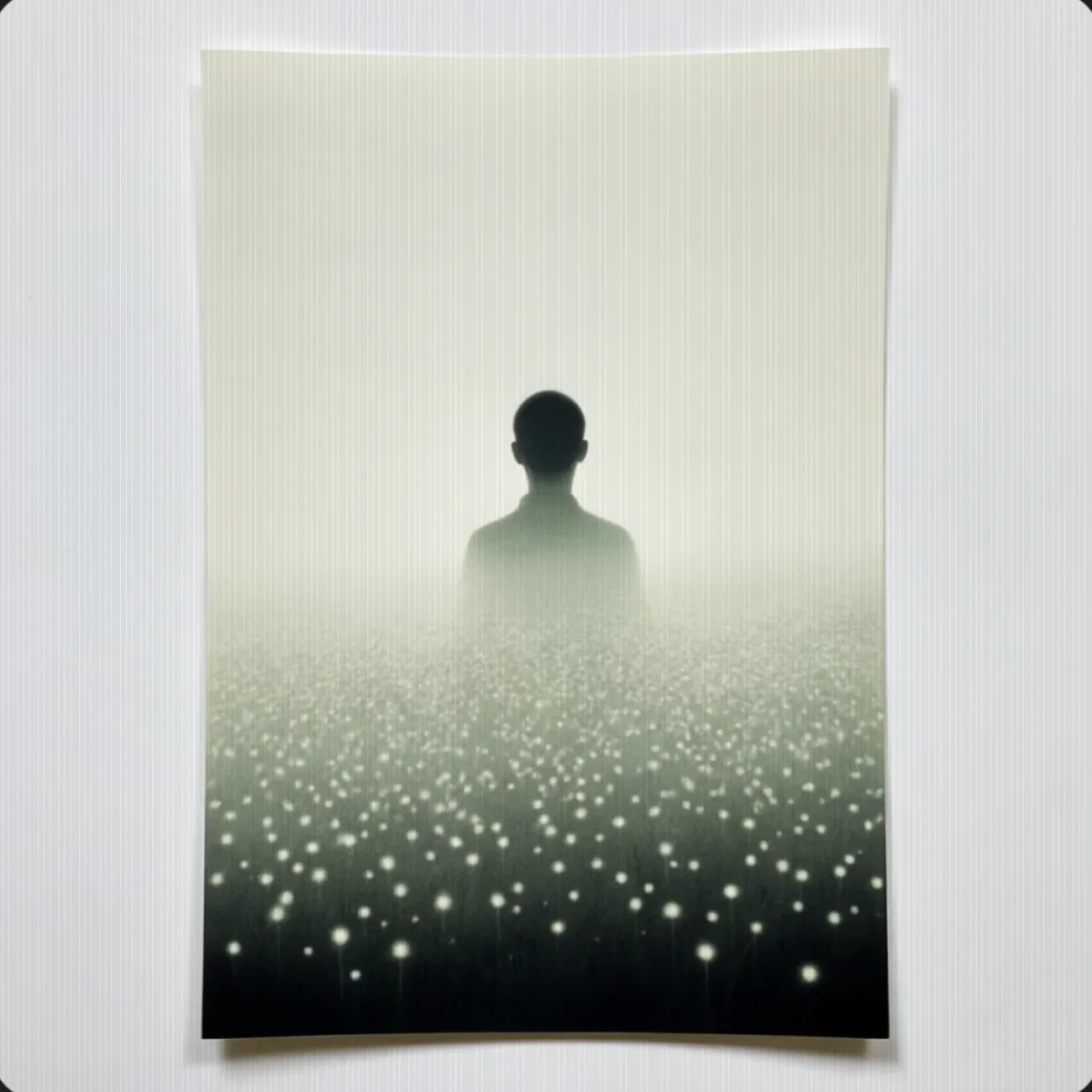 A calm figure dissolving softly into a field of light