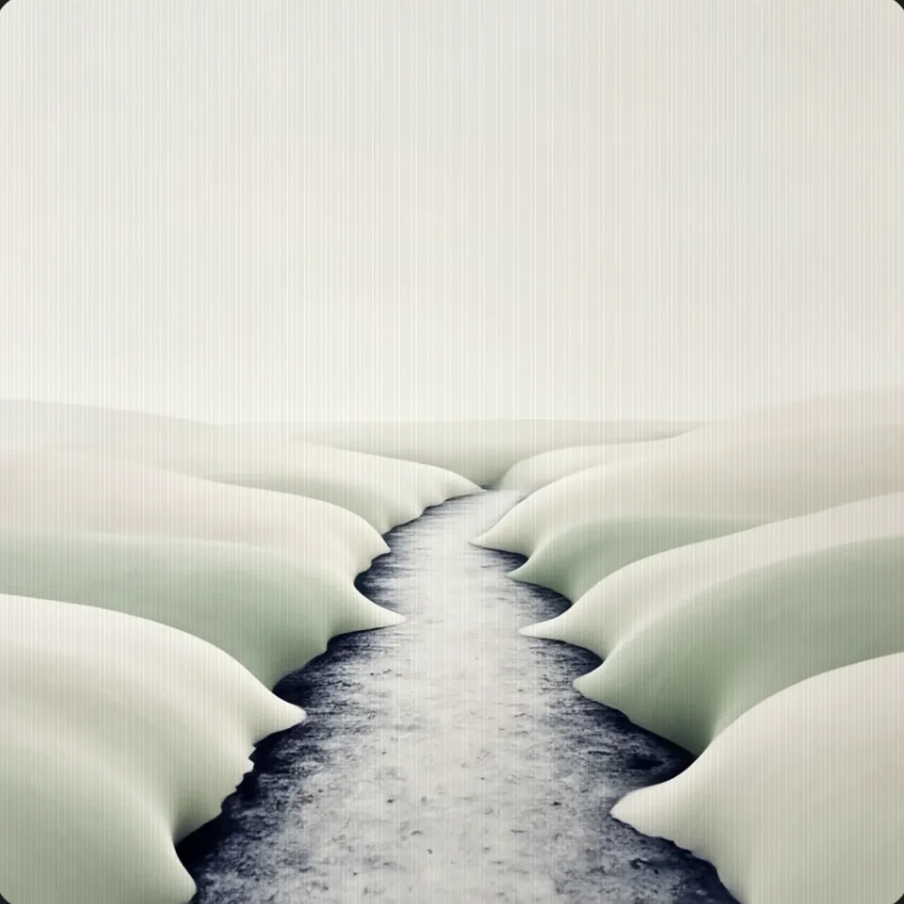 A single clear path through soft pale forms